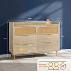 Commode de chambre à 6 tiroirs style campagne, grand chiffonnier avec accents en rotin