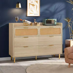 Commode de chambre à 6 tiroirs style campagne, grand chiffonnier avec accents en rotin