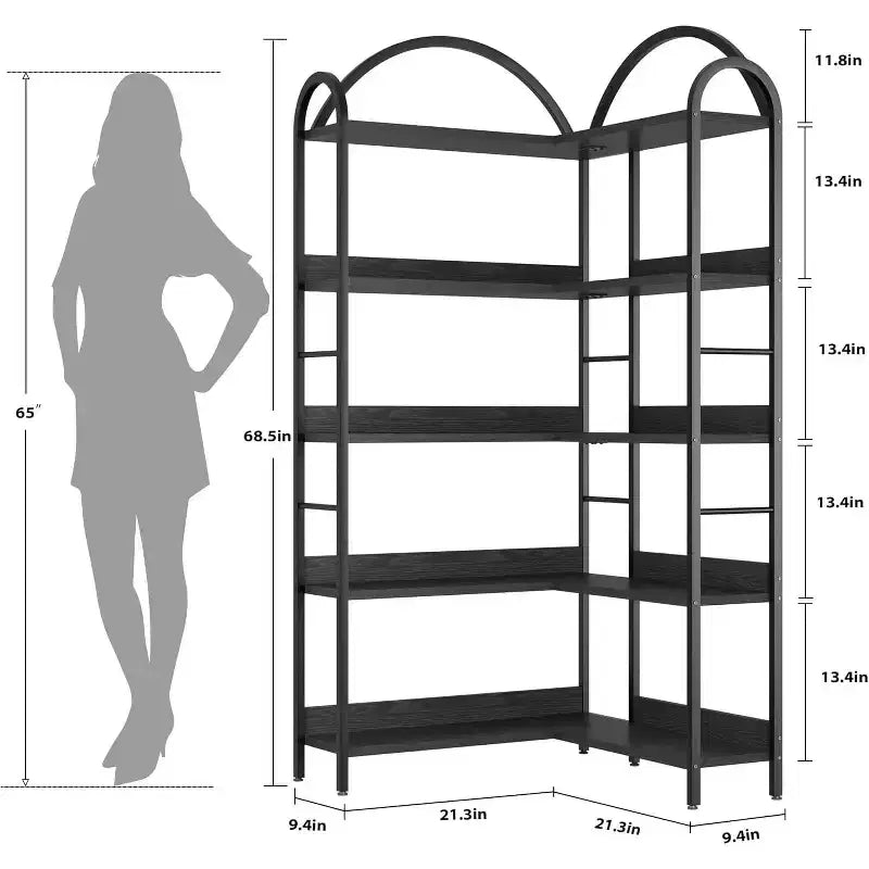 Hush Sun Bibliothèque d'angle réversible à 5 niveaux – Étagère industrielle de 174 cm, 22,7 kg/étagère pour bureau à domicile