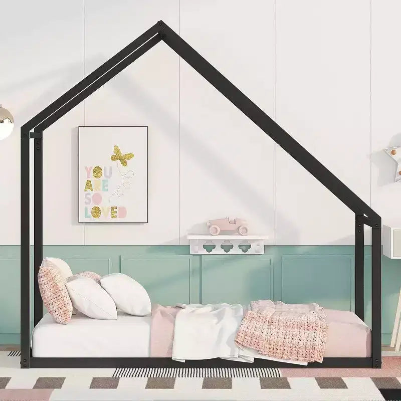 Lit Cabane Enfant Acekool - Cadre Métallique Simple avec Toit