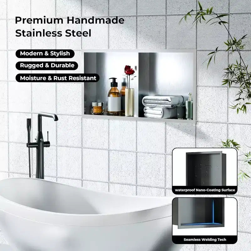 Niche de douche en acier inoxydable au design rectangulaire encastré, installation sans carrelage requise, rangement mural pour salle de bain