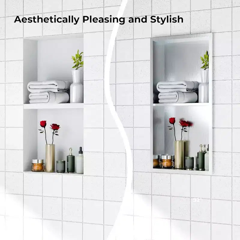 Niche de douche en acier inoxydable au design rectangulaire encastré, installation sans carrelage requise, rangement mural pour salle de bain