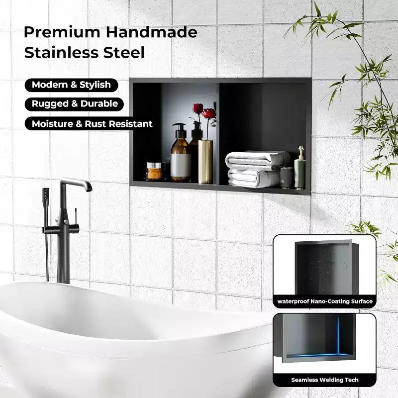Niche de douche en acier inoxydable au design rectangulaire encastré, installation sans carrelage requise, rangement mural pour salle de bain