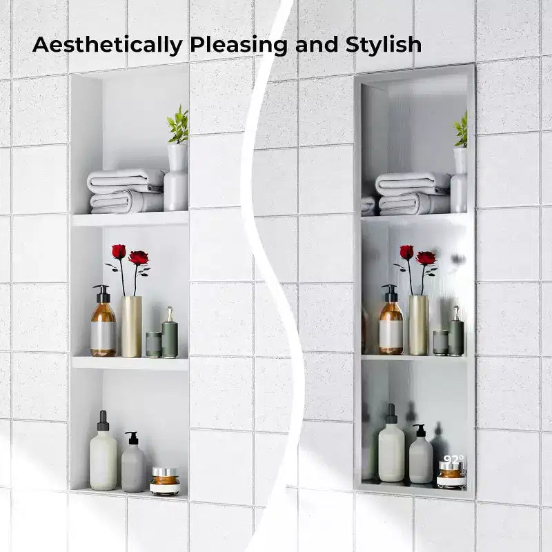 Niche de douche en acier inoxydable au design rectangulaire encastré, installation sans carrelage requise, rangement mural pour salle de bain