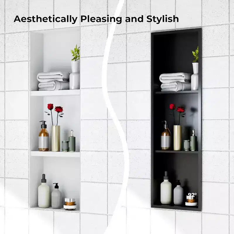 Niche de douche en acier inoxydable au design rectangulaire encastré, installation sans carrelage requise, rangement mural pour salle de bain