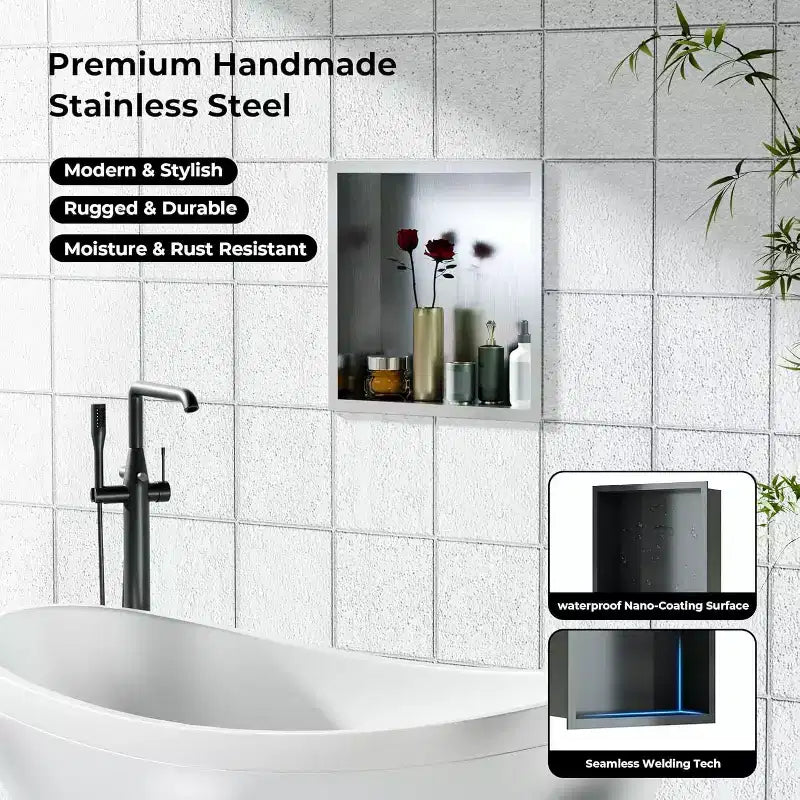 Niche de douche en acier inoxydable au design rectangulaire encastré, installation sans carrelage requise, rangement mural pour salle de bain