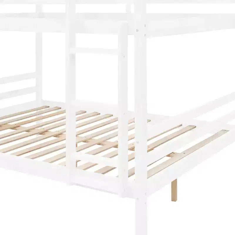 Lit superposé double sur double avec échelle, cadre en bois avec barrières de sécurité hautes pour enfants, aucun sommier tapissier requis, robuste et peu encombrant, blanc