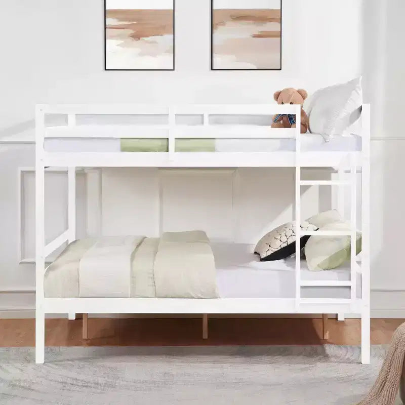 Lit superposé double sur double avec échelle, cadre en bois avec barrières de sécurité hautes pour enfants, aucun sommier tapissier requis, robuste et peu encombrant, blanc