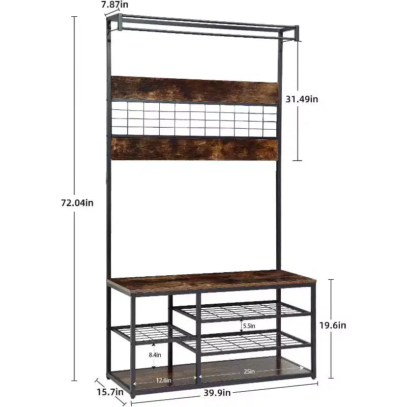 Banc de rangement d'entrée, étagère à chaussures industrielle à 3 niveaux avec 5 patères, porte-manteau rustique en bois pour l'organisation de la maison/du placard