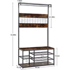 Banc de rangement d'entrée, étagère à chaussures industrielle à 3 niveaux avec 5 patères, porte-manteau rustique en bois pour l'organisation de la maison/du placard