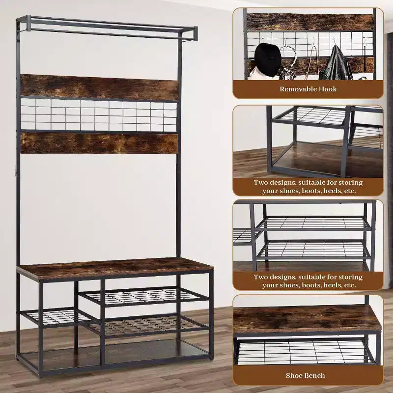 Banc de rangement d'entrée, étagère à chaussures industrielle à 3 niveaux avec 5 patères, porte-manteau rustique en bois pour l'organisation de la maison/du placard