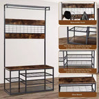 Banc de rangement d'entrée, étagère à chaussures industrielle à 3 niveaux avec 5 patères, porte-manteau rustique en bois pour l'organisation de la maison/du placard