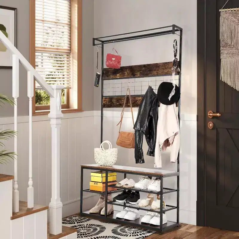 Banc de rangement d'entrée, étagère à chaussures industrielle à 3 niveaux avec 5 patères, porte-manteau rustique en bois pour l'organisation de la maison/du placard