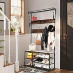 Banc de rangement d'entrée, étagère à chaussures industrielle à 3 niveaux avec 5 patères, porte-manteau rustique en bois pour l'organisation de la maison/du placard