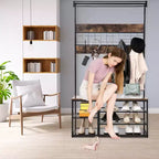 Banc de rangement d'entrée, étagère à chaussures industrielle à 3 niveaux avec 5 patères, porte-manteau rustique en bois pour l'organisation de la maison/du placard