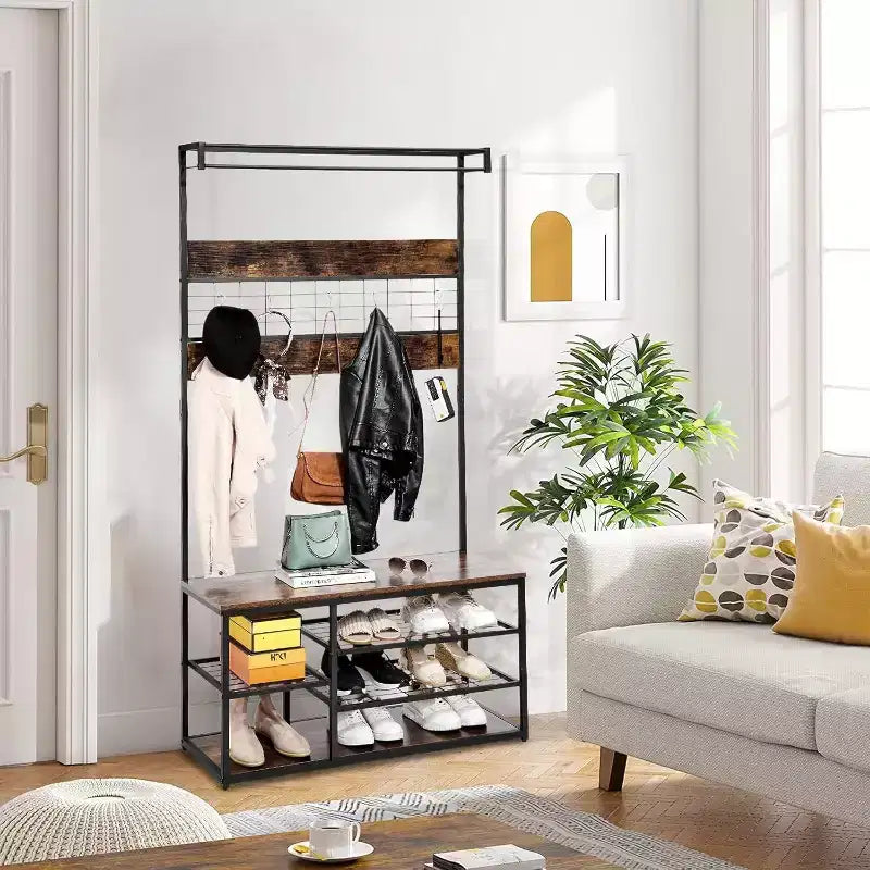Banc de rangement d'entrée, étagère à chaussures industrielle à 3 niveaux avec 5 patères, porte-manteau rustique en bois pour l'organisation de la maison/du placard