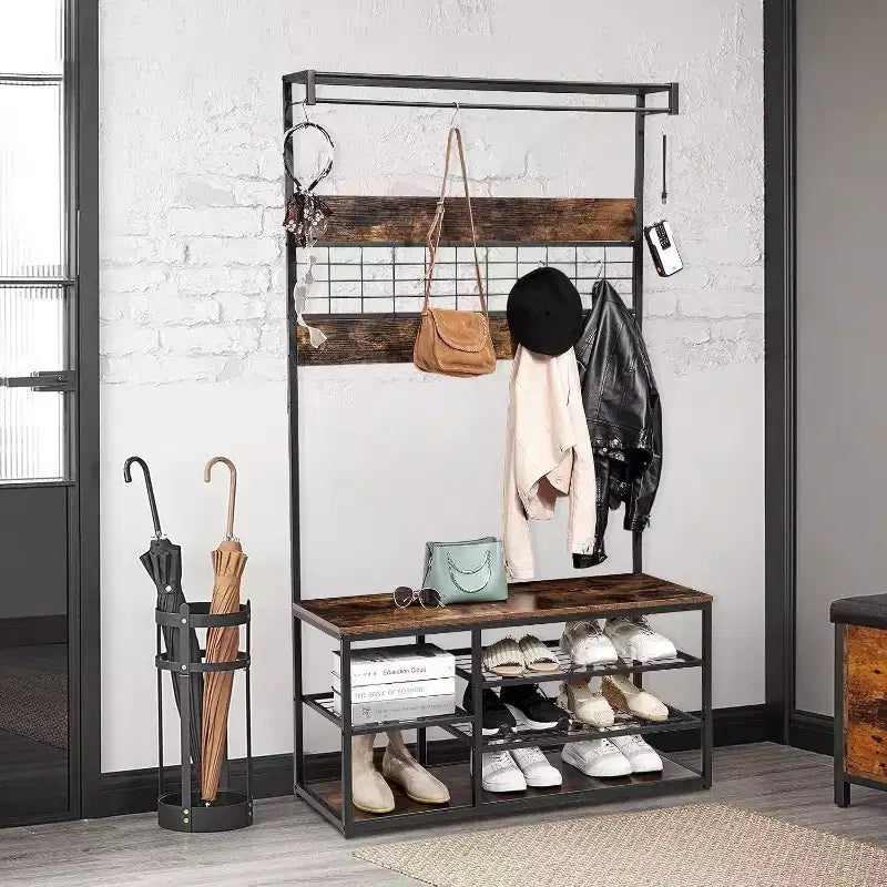 Banc de rangement d'entrée, étagère à chaussures industrielle à 3 niveaux avec 5 patères, porte-manteau rustique en bois pour l'organisation de la maison/du placard