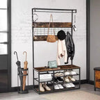 Banc de rangement d'entrée, étagère à chaussures industrielle à 3 niveaux avec 5 patères, porte-manteau rustique en bois pour l'organisation de la maison/du placard
