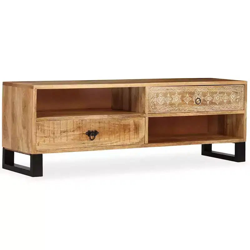 vidaXL Meuble TV en bois de manguier massif - Fabriqué à la main avec pieds en acier et style rétro peint à la main - Comprend 2 étagères et 2 tiroirs - Marron