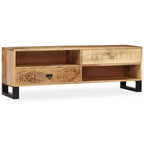 vidaXL Meuble TV en bois de manguier massif - Fabriqué à la main avec pieds en acier et style rétro peint à la main - Comprend 2 étagères et 2 tiroirs - Marron