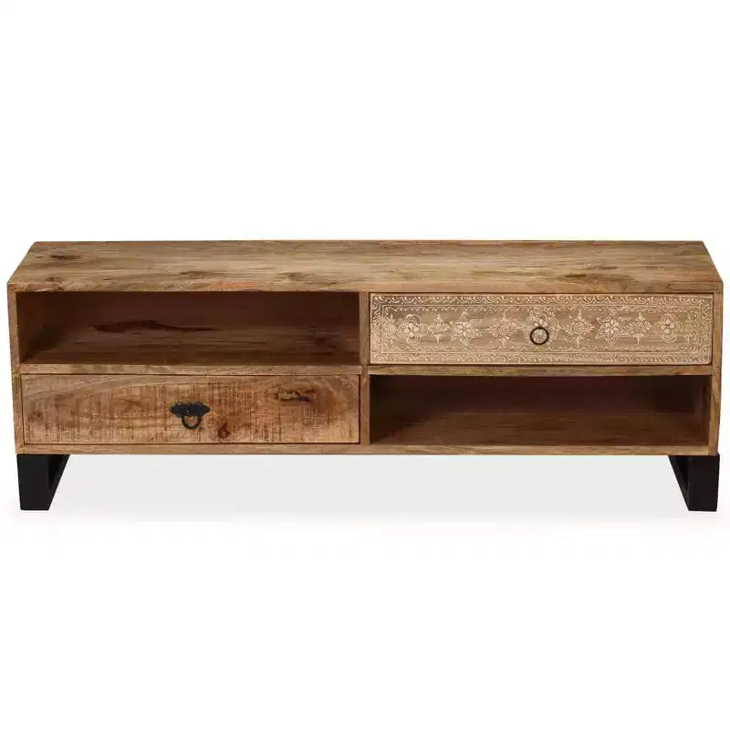 vidaXL Meuble TV en bois de manguier massif - Fabriqué à la main avec pieds en acier et style rétro peint à la main - Comprend 2 étagères et 2 tiroirs - Marron