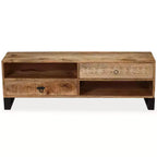 vidaXL Meuble TV en bois de manguier massif - Fabriqué à la main avec pieds en acier et style rétro peint à la main - Comprend 2 étagères et 2 tiroirs - Marron