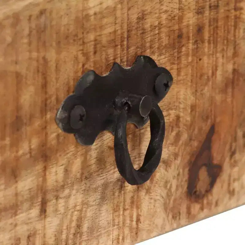 vidaXL Meuble TV en bois de manguier massif - Fabriqué à la main avec pieds en acier et style rétro peint à la main - Comprend 2 étagères et 2 tiroirs - Marron