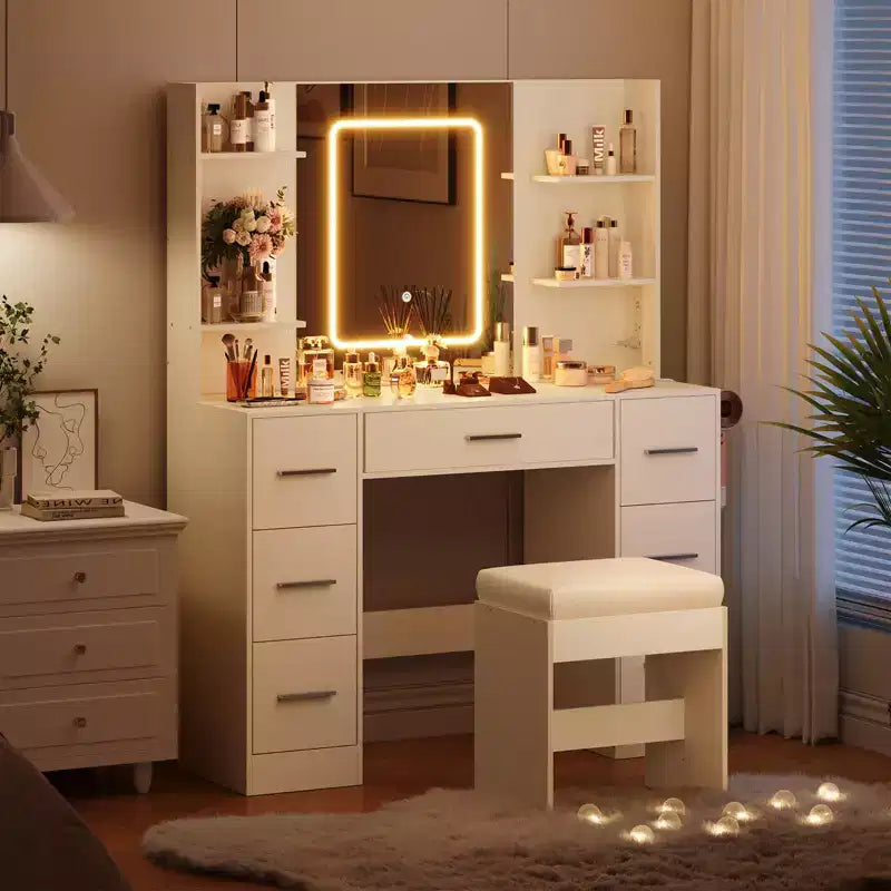 Coiffeuse avec miroir, lumières LED, prise de courant et tabouret, meuble de maquillage avec 7 tiroirs et 6 étagères de rangement, 3 modes de couleur, table de toilette
