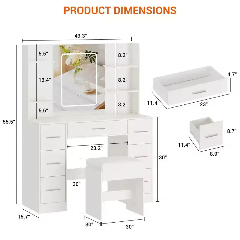 Coiffeuse avec miroir, lumières LED, prise de courant et tabouret, meuble de maquillage avec 7 tiroirs et 6 étagères de rangement, 3 modes de couleur, table de toilette