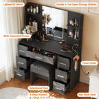 Coiffeuse avec miroir, lumières LED, prise de courant et tabouret, meuble de maquillage avec 7 tiroirs et 6 étagères de rangement, 3 modes de couleur, table de toilette