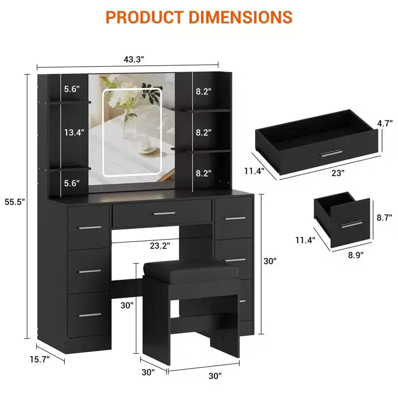 Coiffeuse avec miroir, lumières LED, prise de courant et tabouret, meuble de maquillage avec 7 tiroirs et 6 étagères de rangement, 3 modes de couleur, table de toilette