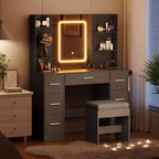 Coiffeuse avec miroir, lumières LED, prise de courant et tabouret, meuble de maquillage avec 7 tiroirs et 6 étagères de rangement, 3 modes de couleur, table de toilette