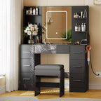 Coiffeuse avec miroir, lumières LED, prise de courant et tabouret, meuble de maquillage avec 7 tiroirs et 6 étagères de rangement, 3 modes de couleur, table de toilette