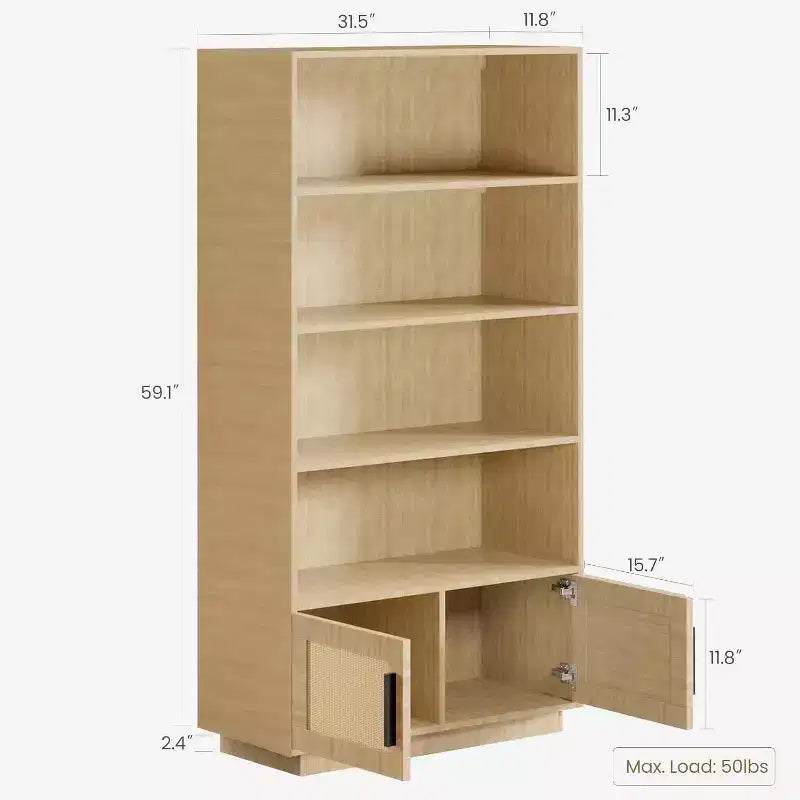 Étagère bohème à 5 niveaux Acekool avec portes en rotin, bibliothèque haute en bois avec rangement, porte-livres pour salon, chambre, bureau, cuisine