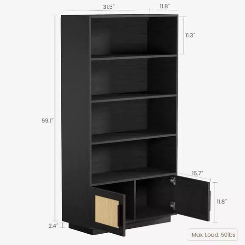 Étagère bohème à 5 niveaux Acekool avec portes en rotin, bibliothèque haute en bois avec rangement, porte-livres pour salon, chambre, bureau, cuisine
