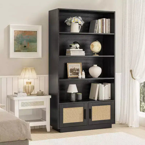 Acekool 5-Tier Boho Bookshelf with Rattan Doors, Tall Wooden Bookcase with Storage, Book Stand for Living Room, Bedroom, Office, Kitchen