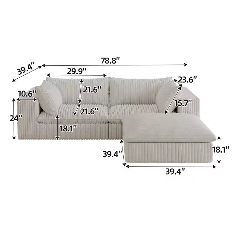 Canapé Blue Cloud de 78,8 pouces avec ottoman, canapés à assise profonde en velours côtelé, design double couche, coussin amovible, aucun assemblage requis