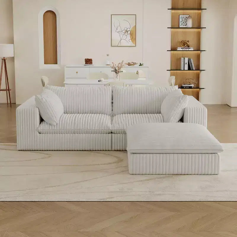 Canapé Blue Cloud de 78,8 pouces avec ottoman, canapés à assise profonde en velours côtelé, design double couche, coussin amovible, aucun assemblage requis