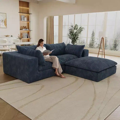 78.8 Blue Cloud Sofa with Ottoman, Corduroy Fabric Deep Seat Couches Double-layer design,Removable Cushion No Assembly