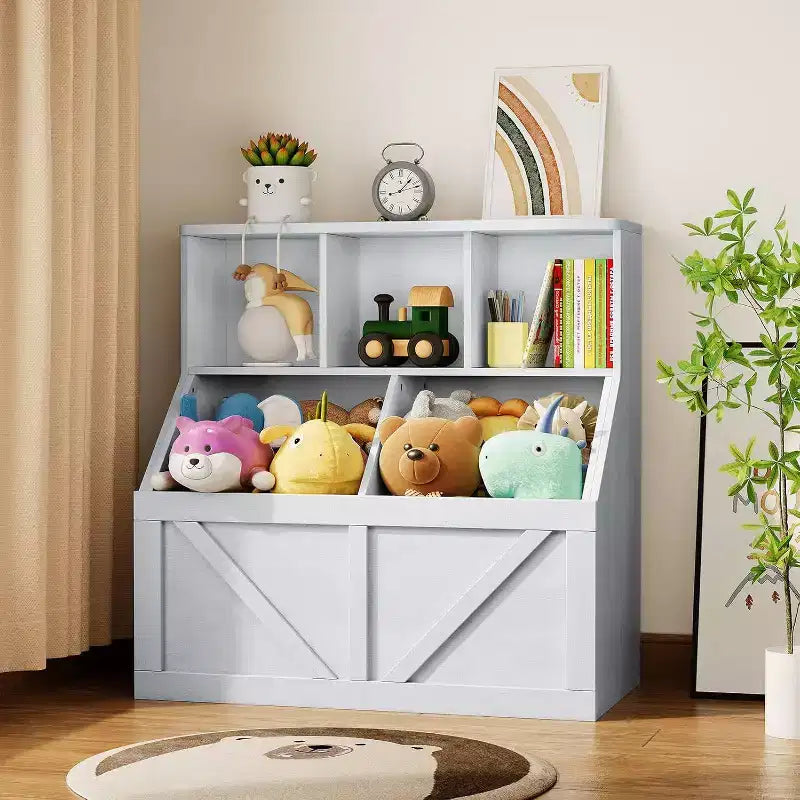 Acekool Kids Bookshelf and Toy Storage Organizer, Toy Cabinet with 3 Shelves, 2 Storage Boxes, for Playroom, Bedroom, Nursery, Vintage White