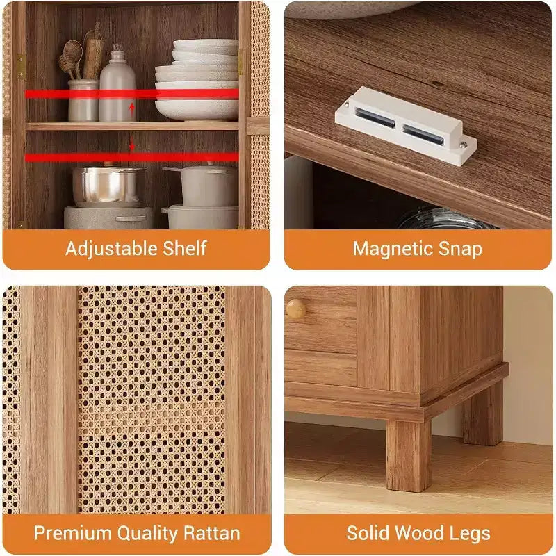Grand meuble de rangement de cuisine avec portes en rotin et 2 tiroirs, étagères réglables, armoire utilitaire, solution de rangement élégante pour la cuisine