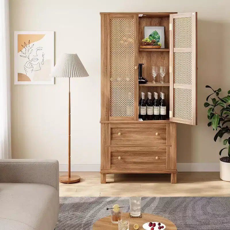 Grand meuble de rangement de cuisine avec portes en rotin et 2 tiroirs, étagères réglables, armoire utilitaire, solution de rangement élégante pour la cuisine