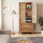 Grand meuble de rangement de cuisine avec portes en rotin et 2 tiroirs, étagères réglables, armoire utilitaire, solution de rangement élégante pour la cuisine