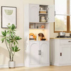 Kitchen Pantry Cabinet with RGB Lighting, Farmhouse Wood Hutch with Barn Doors, Microwave Stand, Two Open Shelves, Large Storage Cupboard