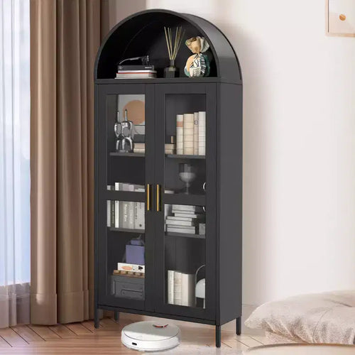 73 Arched Metal Storage Cabinet, Kitchen Pantry Cabinet with Glass Doors, Freestanding Display Cabinet with 2 Adjustable Shelves