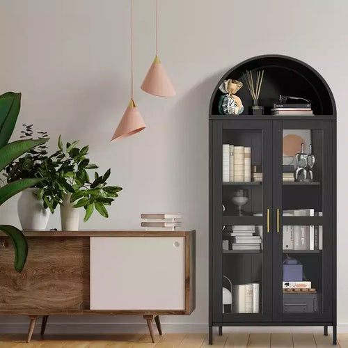 Meuble de rangement en métal arqué de 73", armoire de cuisine avec portes vitrées, vitrine autoportante avec 2 étagères réglables