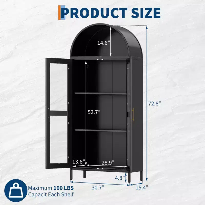 Meuble de rangement en métal arqué de 73", armoire de cuisine avec portes vitrées, vitrine autoportante avec 2 étagères réglables