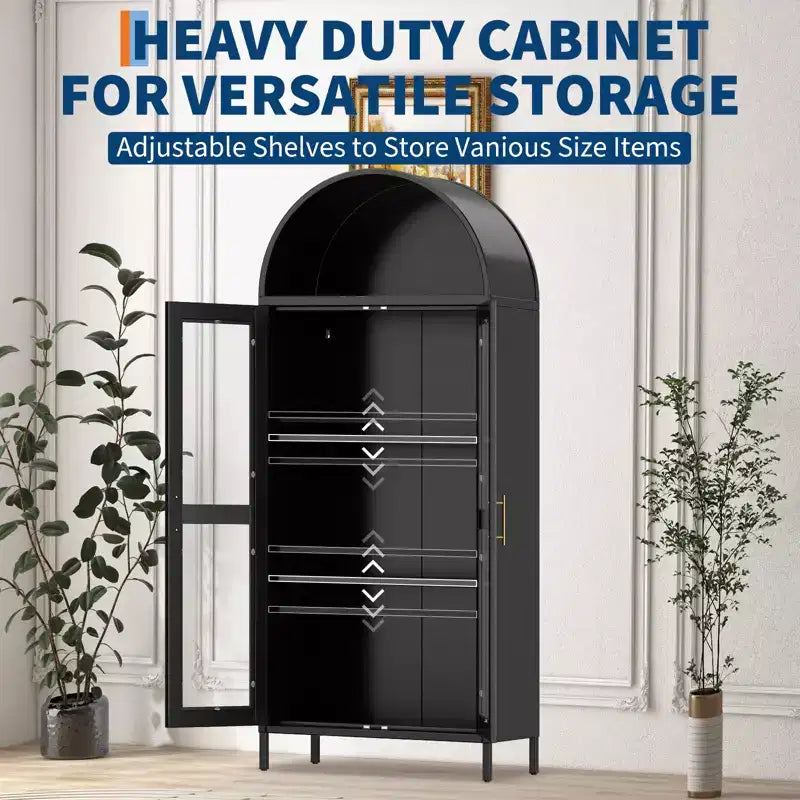 Meuble de rangement en métal arqué de 73", armoire de cuisine avec portes vitrées, vitrine autoportante avec 2 étagères réglables