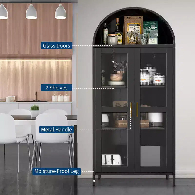 Meuble de rangement en métal arqué de 73", armoire de cuisine avec portes vitrées, vitrine autoportante avec 2 étagères réglables