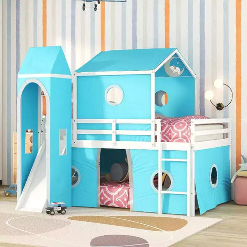 Acekool Full Loft Bed - Playhouse Design with Storage & Tent Tower